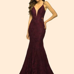La Femme Dark Berry Sparkle Lace Mermaid Gown
